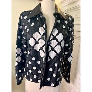 Kanar Black‎ & White Genuine Leather Jacket Woman's Size M Crisscross X Mesh